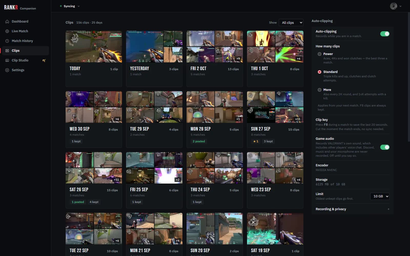 The RankR Companion Clips tab: clips grouped by day, with the auto-clipping settings beside them