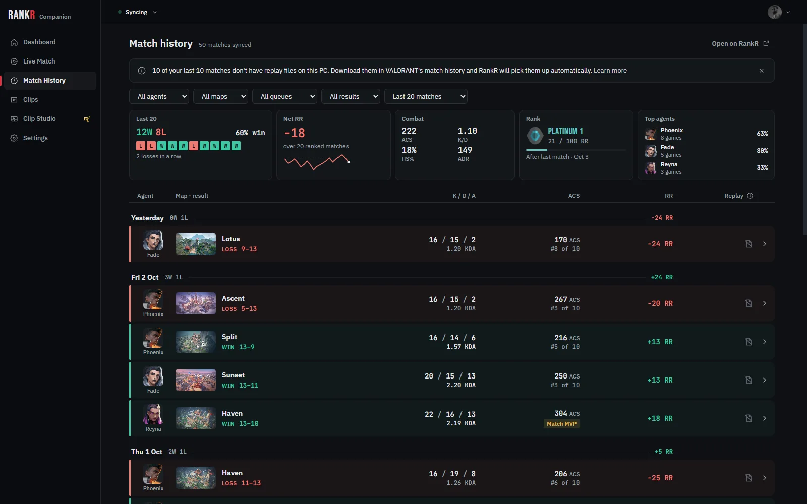 Match history in the Companion: results by day with K/D/A, ACS and RR